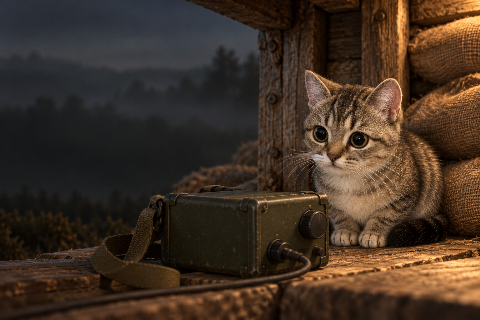 UMI attentively watching an unmarked field radio in a sheltered timber alcove.